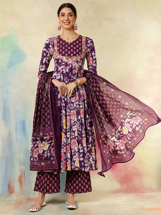 Women's Floral Printed V-Neck Pure Cotton Kurta With Palazzos And Dupatta