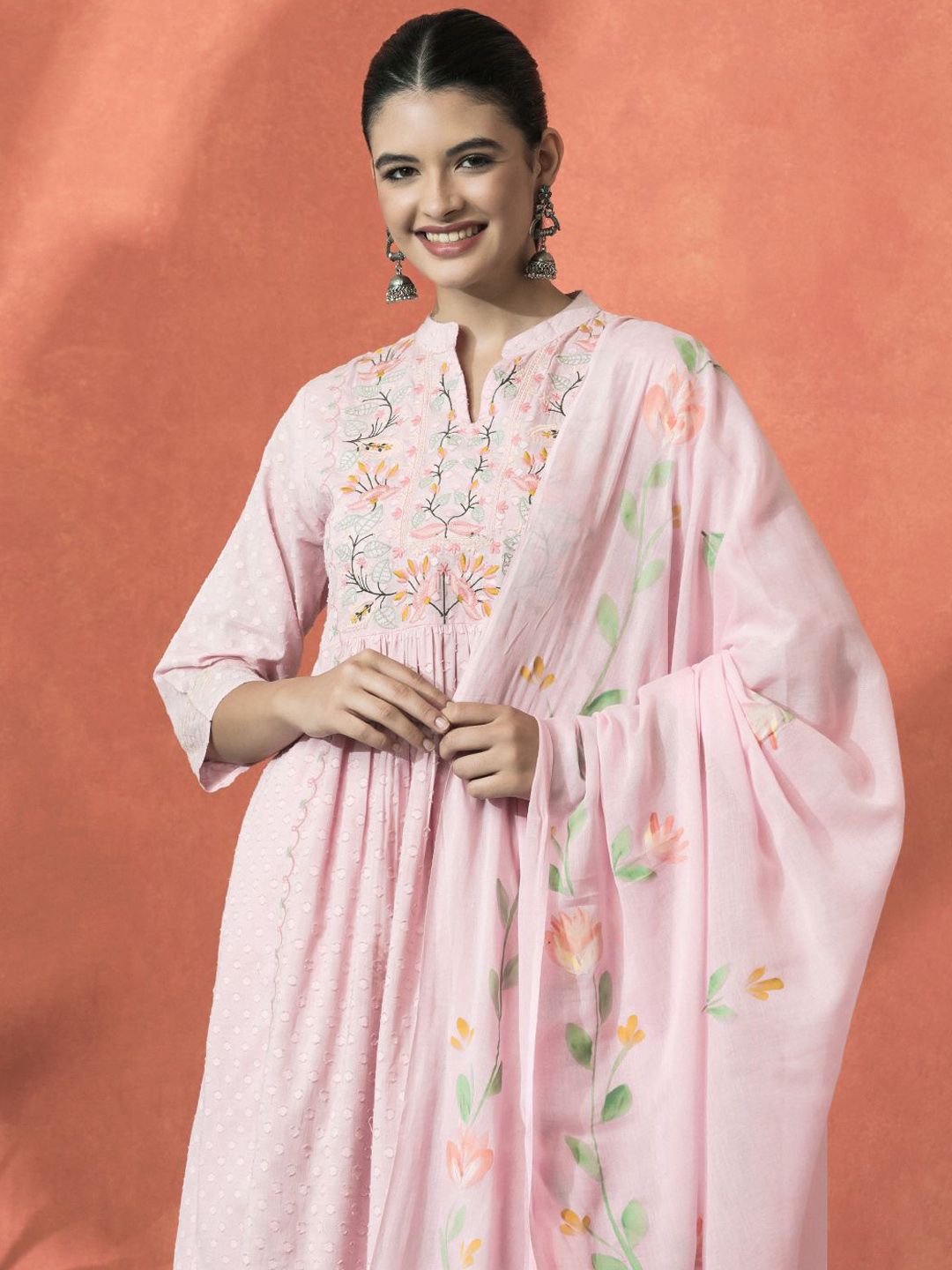 Dhiyona SN Women's Floral Embroidered Mandarin Collar Cotton A-Line Kurta With Trouser & Dupatta