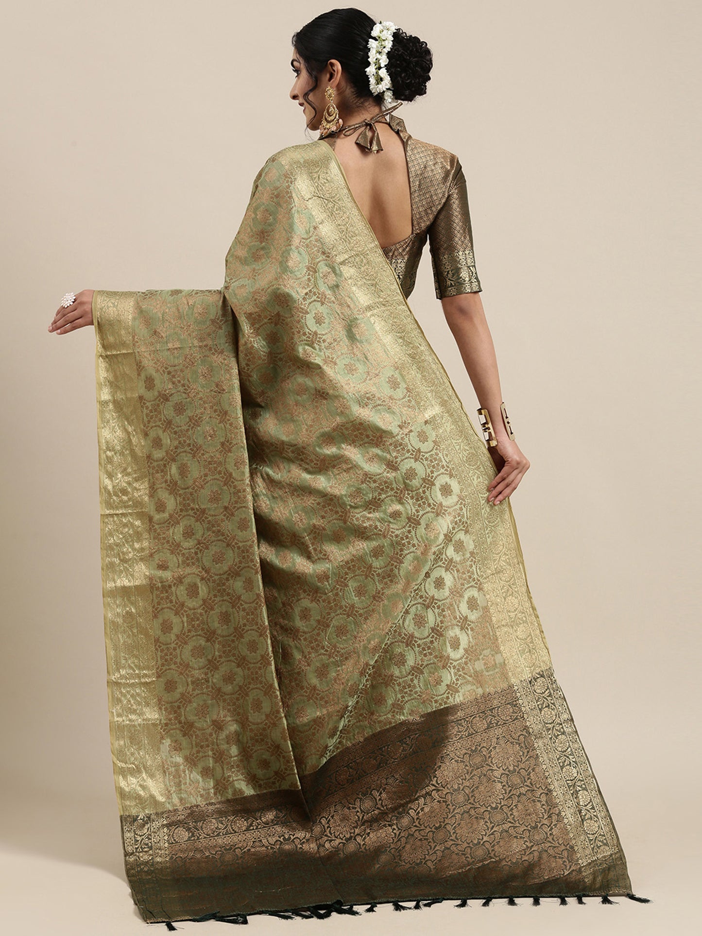 Women's Silk Blend Olive Woven Design Woven saree With Blouse Piece