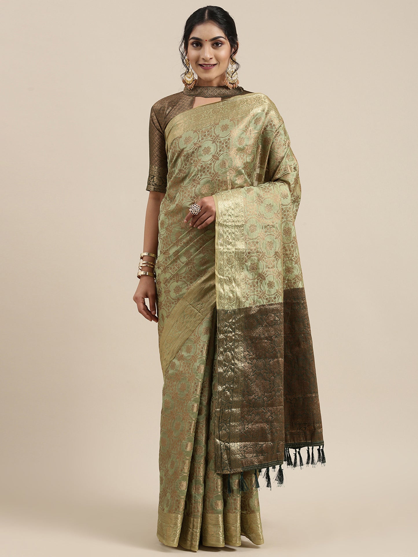 Women's Silk Blend Olive Woven Design Woven saree With Blouse Piece