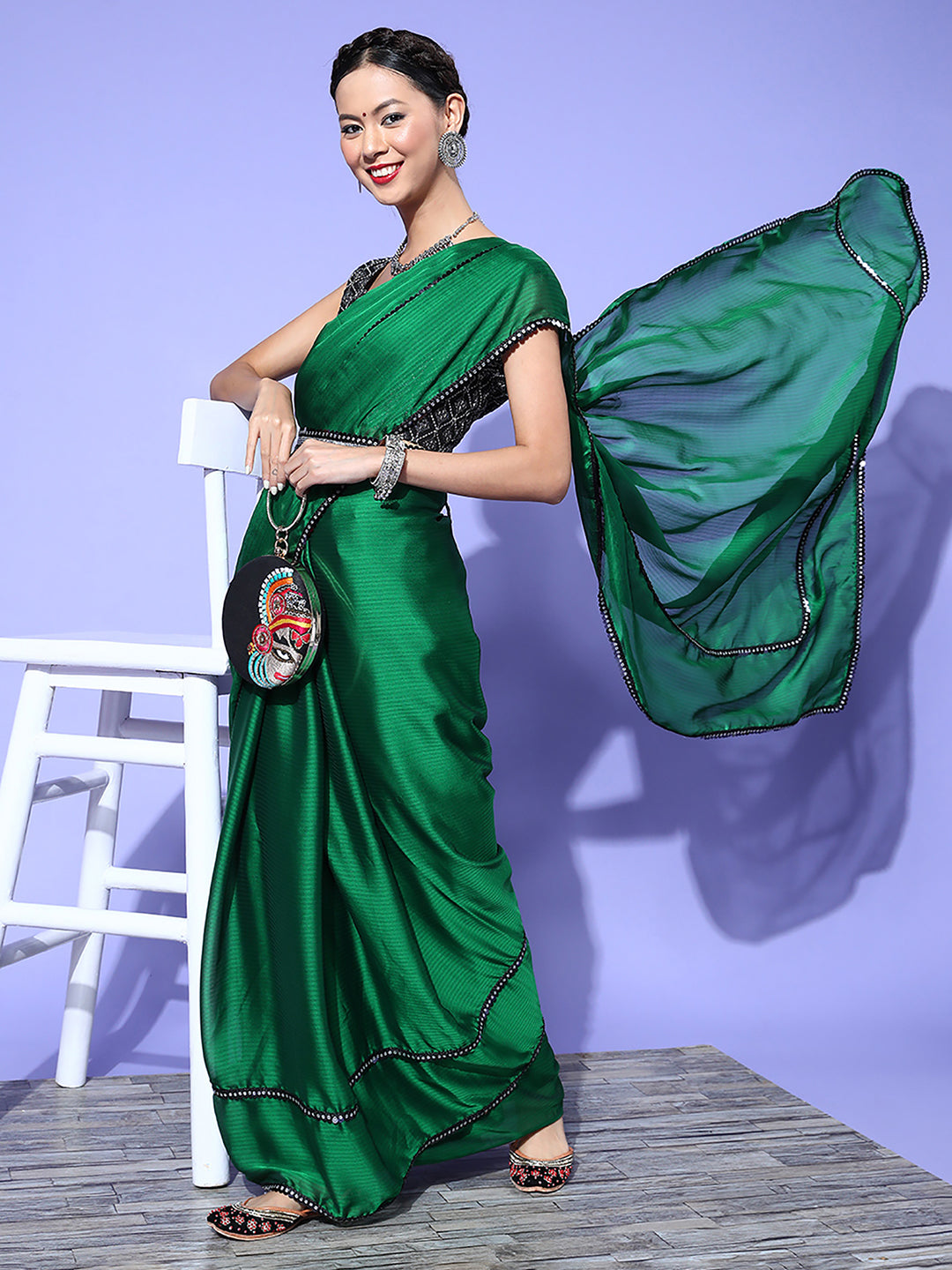 Women's Georgette Green Embellished Belted Sarees With Blouse Piece