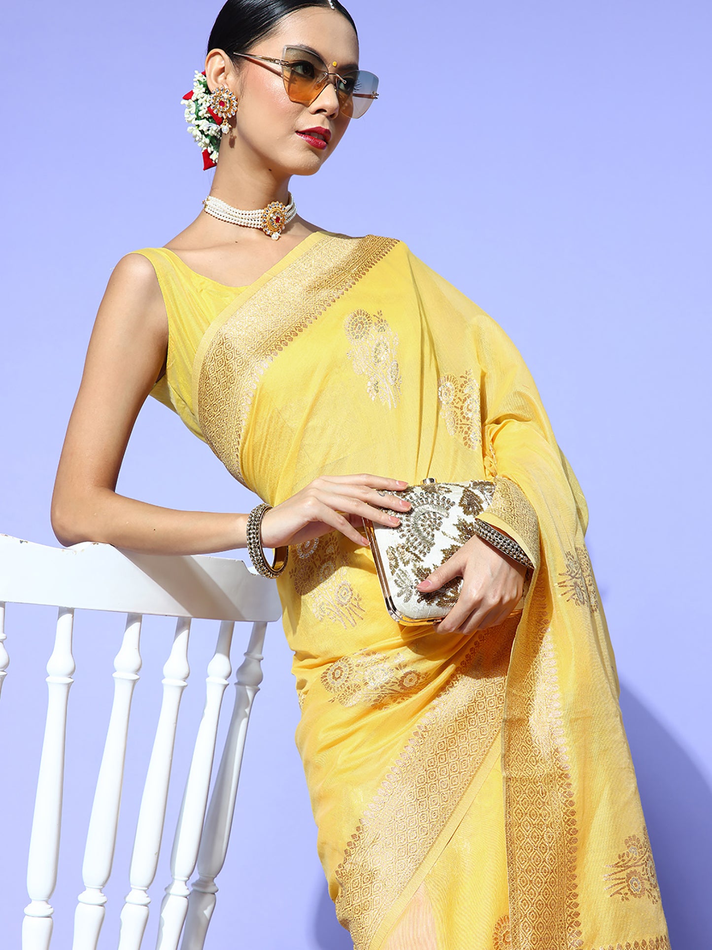 Women's Cotton Blend Yellow Woven Design Celebrity Saree With Blouse Piece