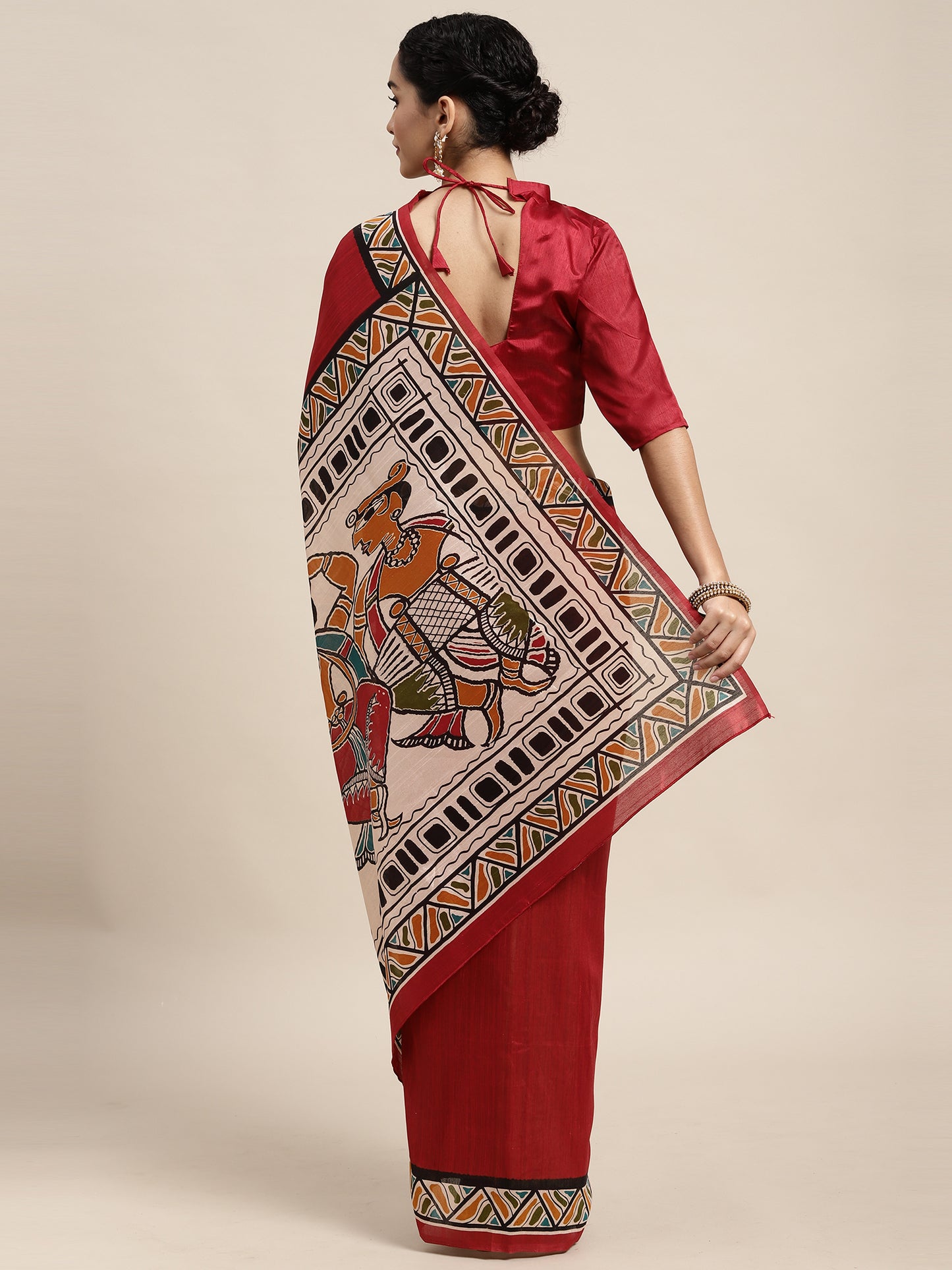 Women's Bhagalpuri Silk Maroon Printed Celebrity Saree With Blouse Piece