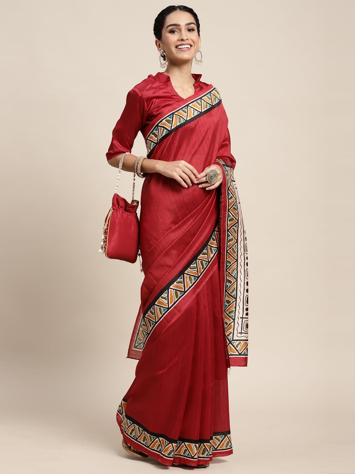 Women's Bhagalpuri Silk Maroon Printed Celebrity Saree With Blouse Piece