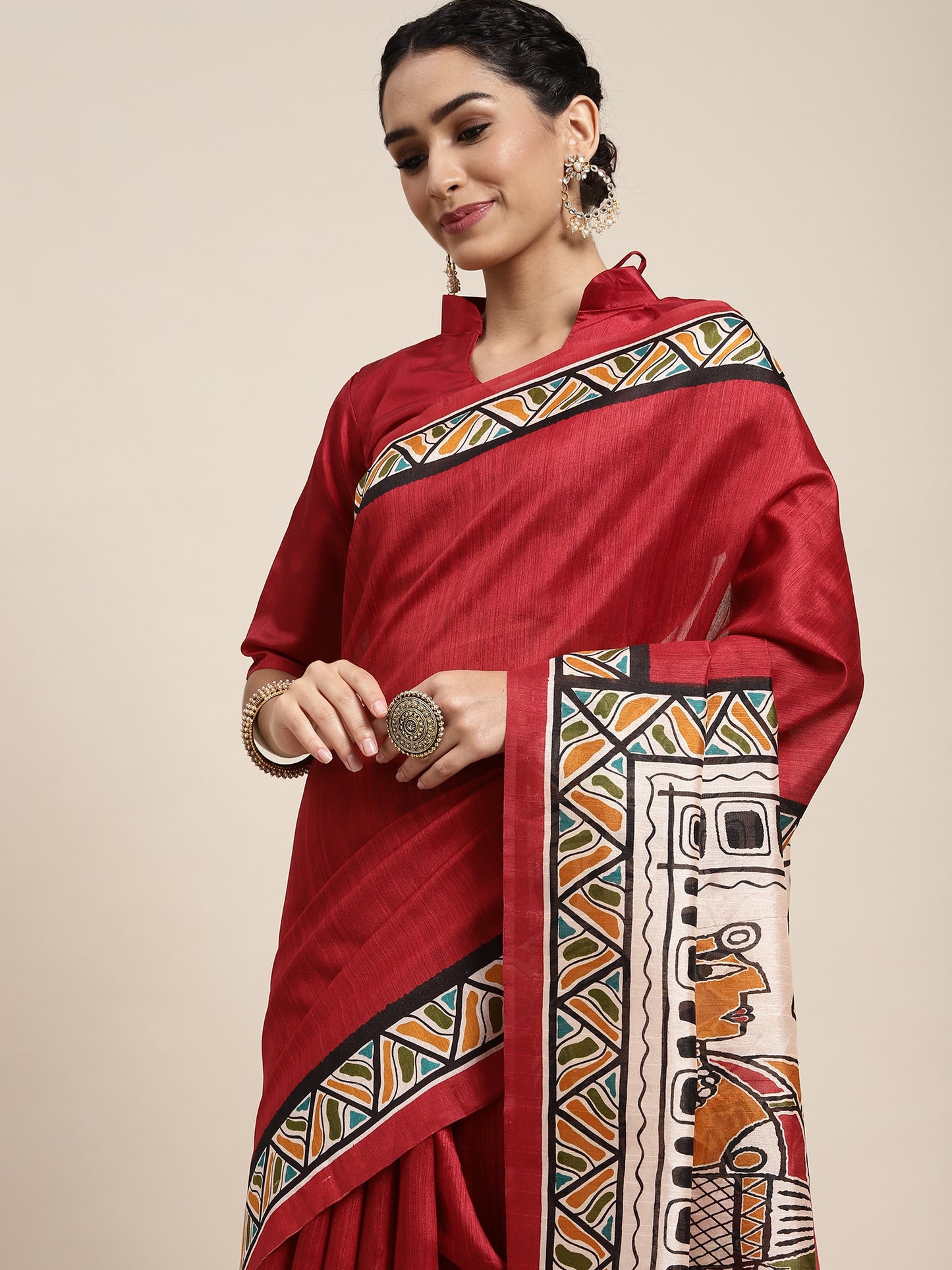 Women's Bhagalpuri Silk Maroon Printed Celebrity Saree With Blouse Piece