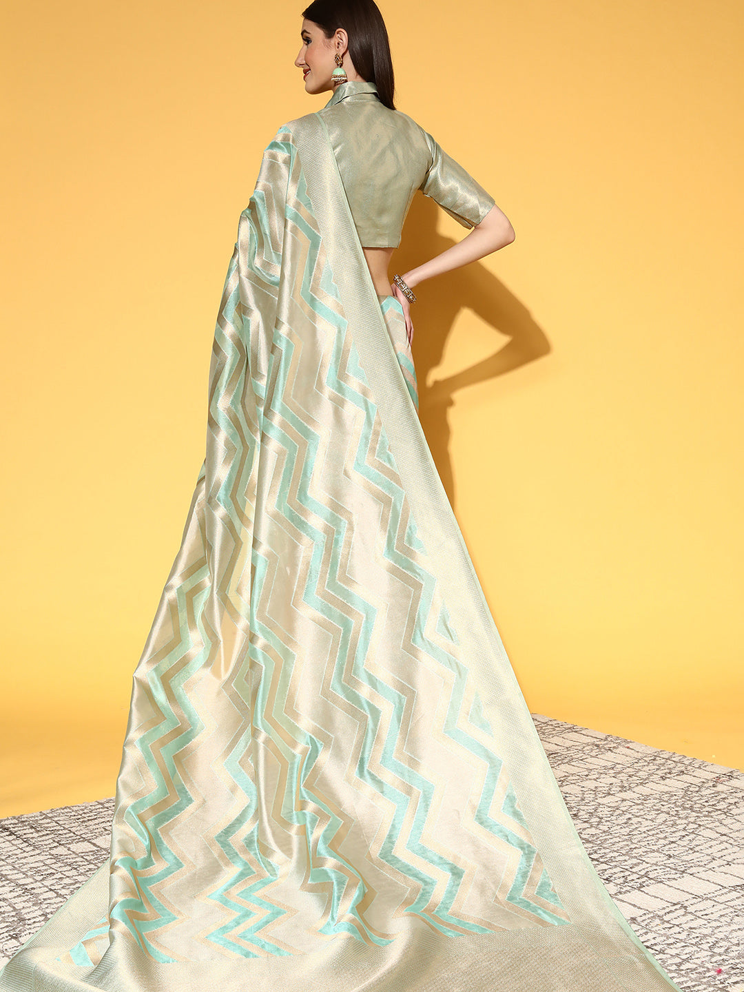 Women's Organza Sea Green Woven Design Handloom Saree With Blouse Piece