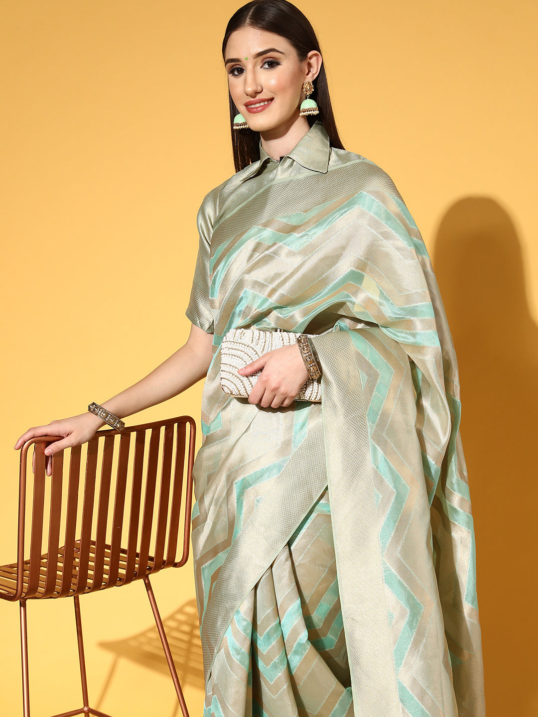 Women's Organza Sea Green Woven Design Handloom Saree With Blouse Piece