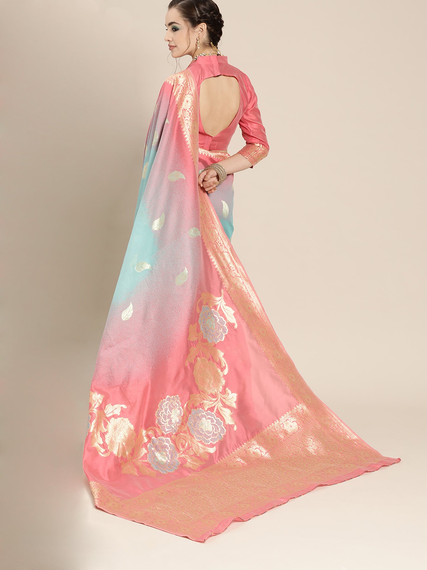 Women's Silk Blend Pink Woven Design Celebrity Saree With Blouse Piece