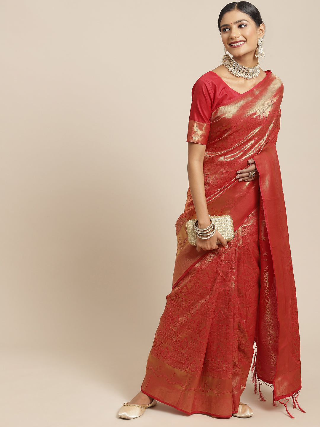 Women's Kanjeevaram Silk Red Woven Design Woven saree With Blouse Piece
