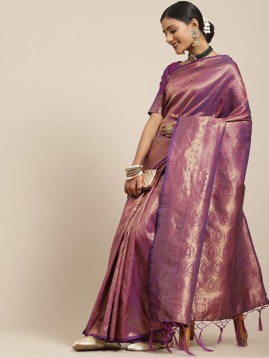 Women's Kanjeevaram Silk Purple Woven Design Woven saree With Blouse Piece