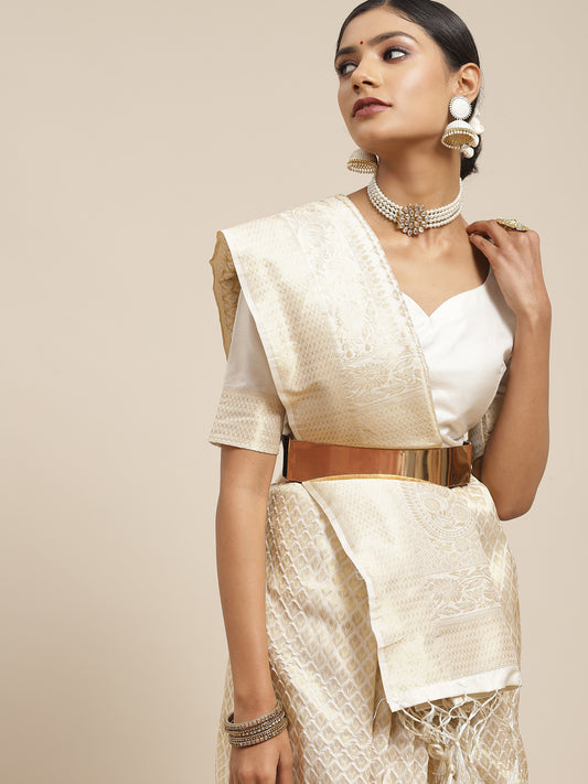 Women's Kanjeevaram Silk Cream Woven Design Woven saree With Blouse Piece