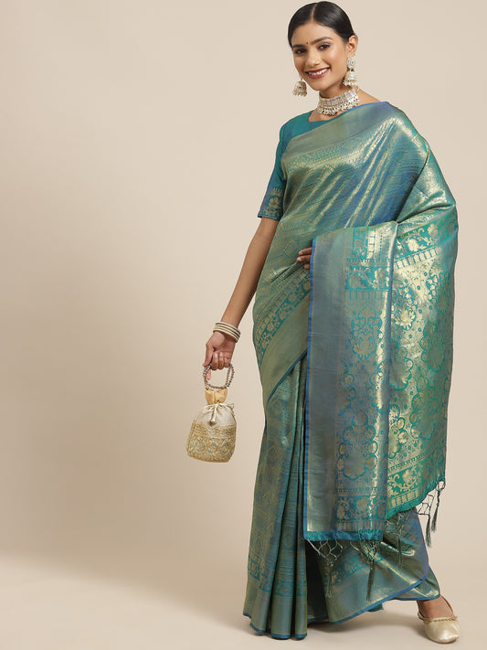 Women's Kanjeevaram Silk Teal green Woven Design Woven saree With Blouse Piece