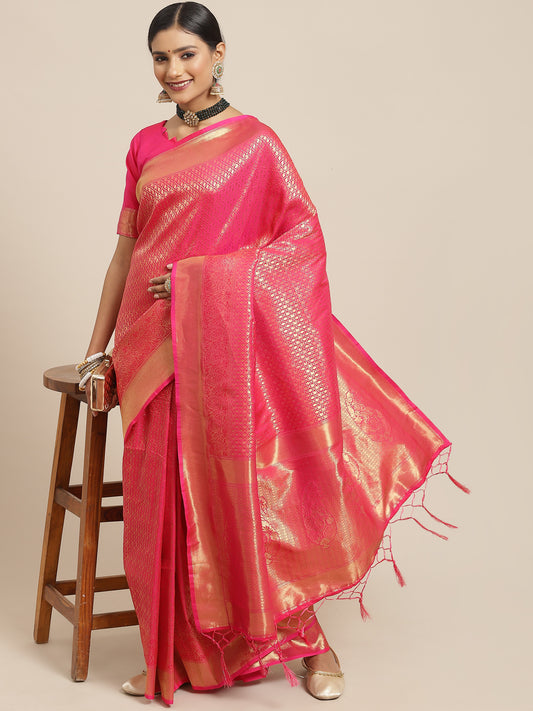 Women's Kanjeevaram Silk Pink Woven Design Woven saree With Blouse Piece