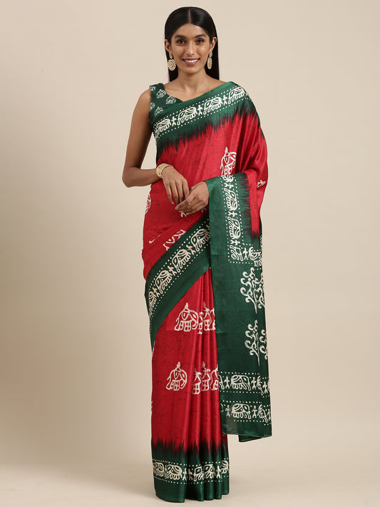 Women's Manipuri Silk Red Printed Celebrity Saree With Blouse Piece