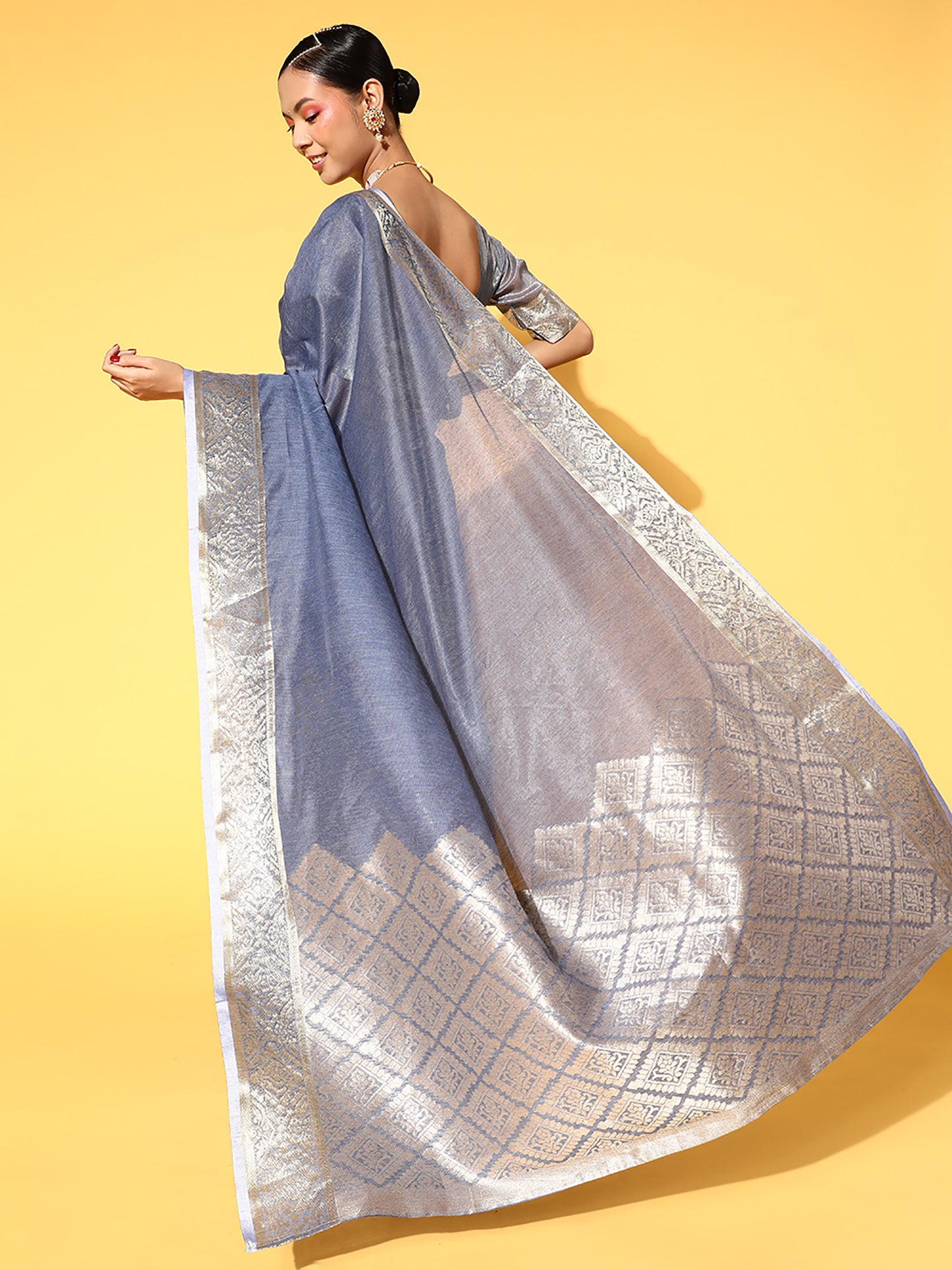 Women's Linen Blend Blue Woven Design Celebrity Saree With Blouse Piece