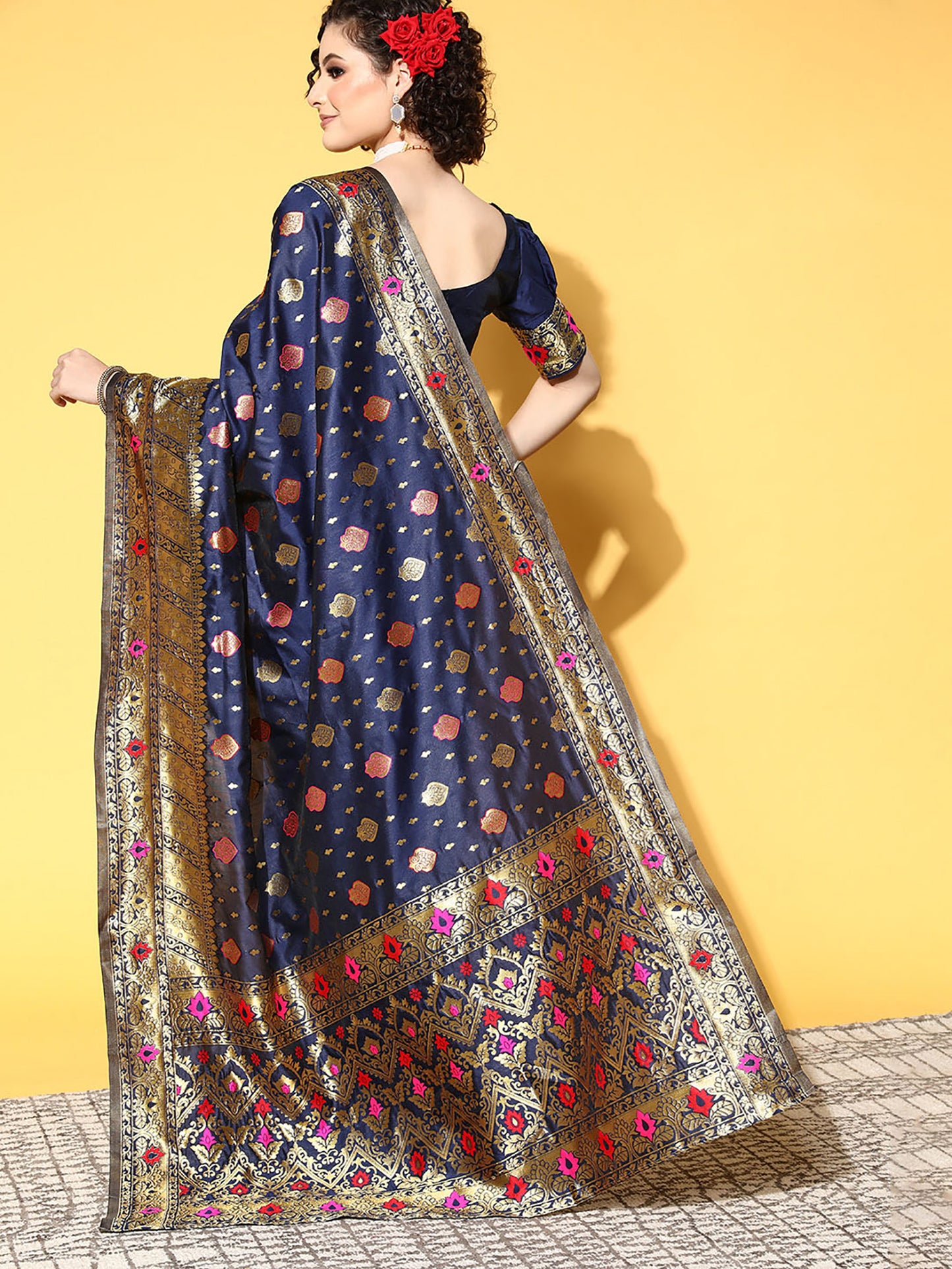 Women's Silk Blend Navy Blue Woven Design Celebrity Saree With Blouse Piece