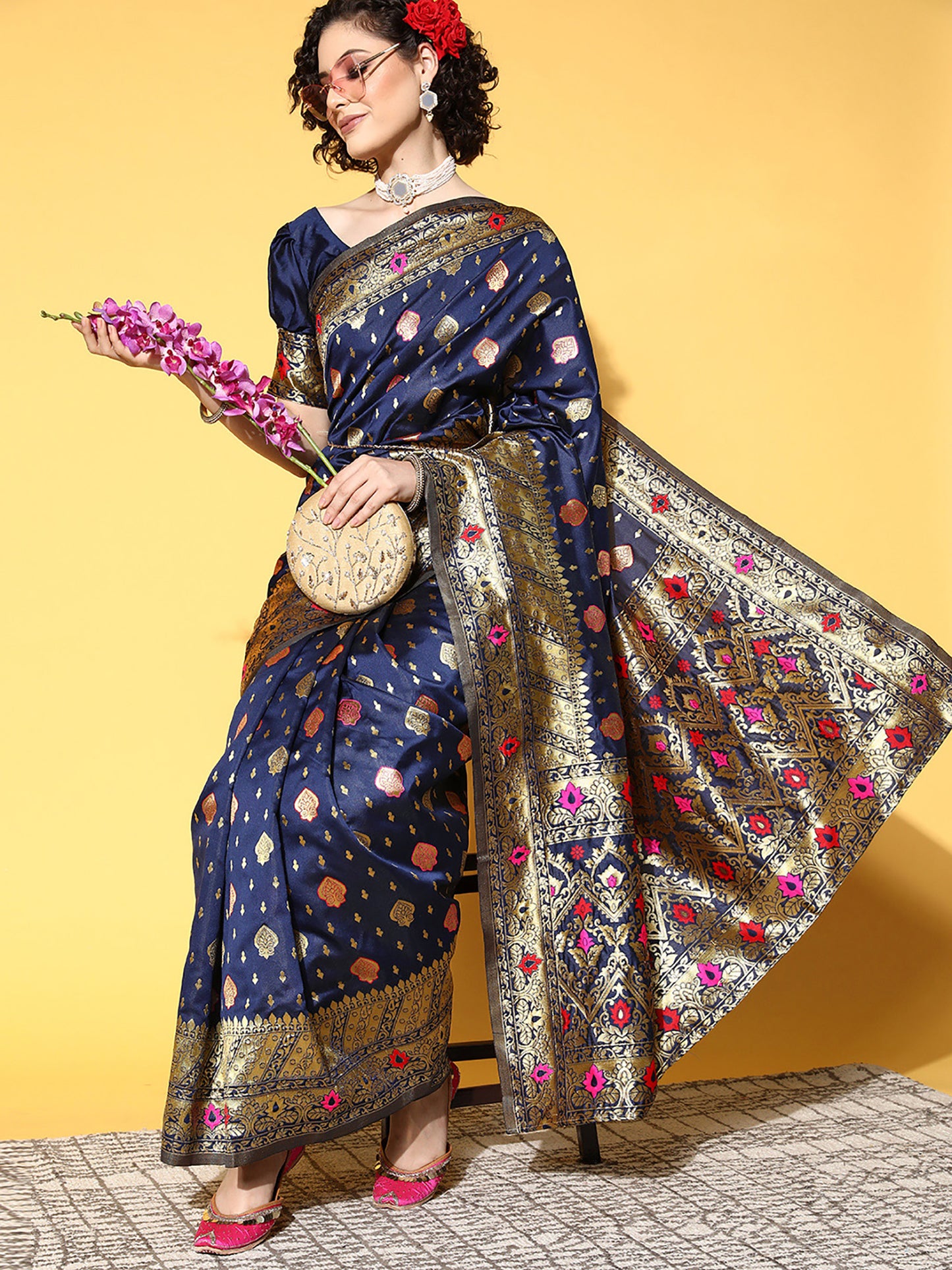 Women's Silk Blend Navy Blue Woven Design Celebrity Saree With Blouse Piece