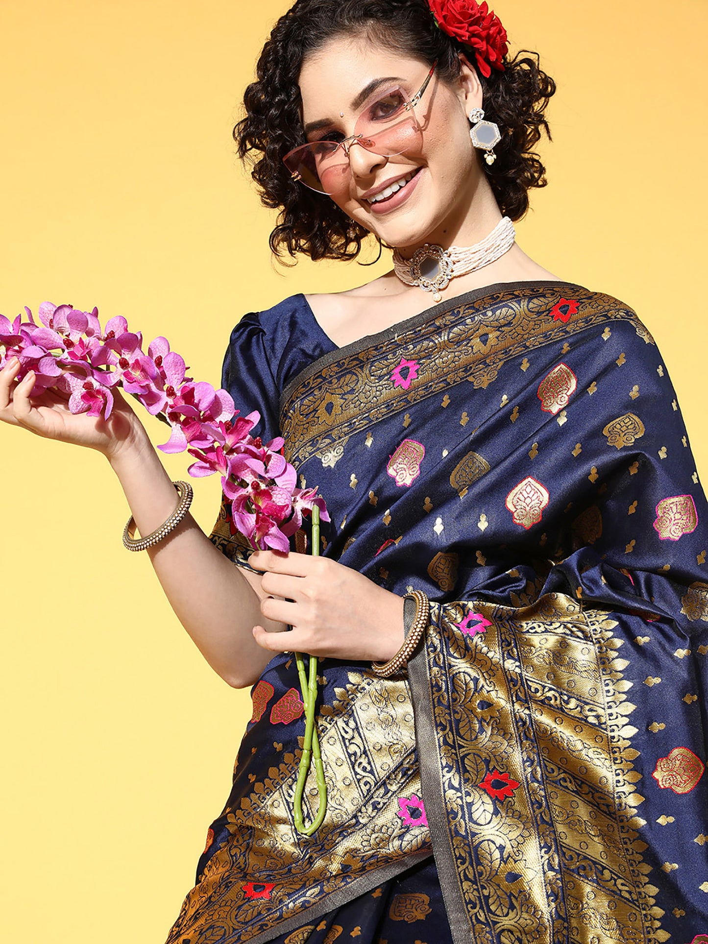 Women's Silk Blend Navy Blue Woven Design Celebrity Saree With Blouse Piece