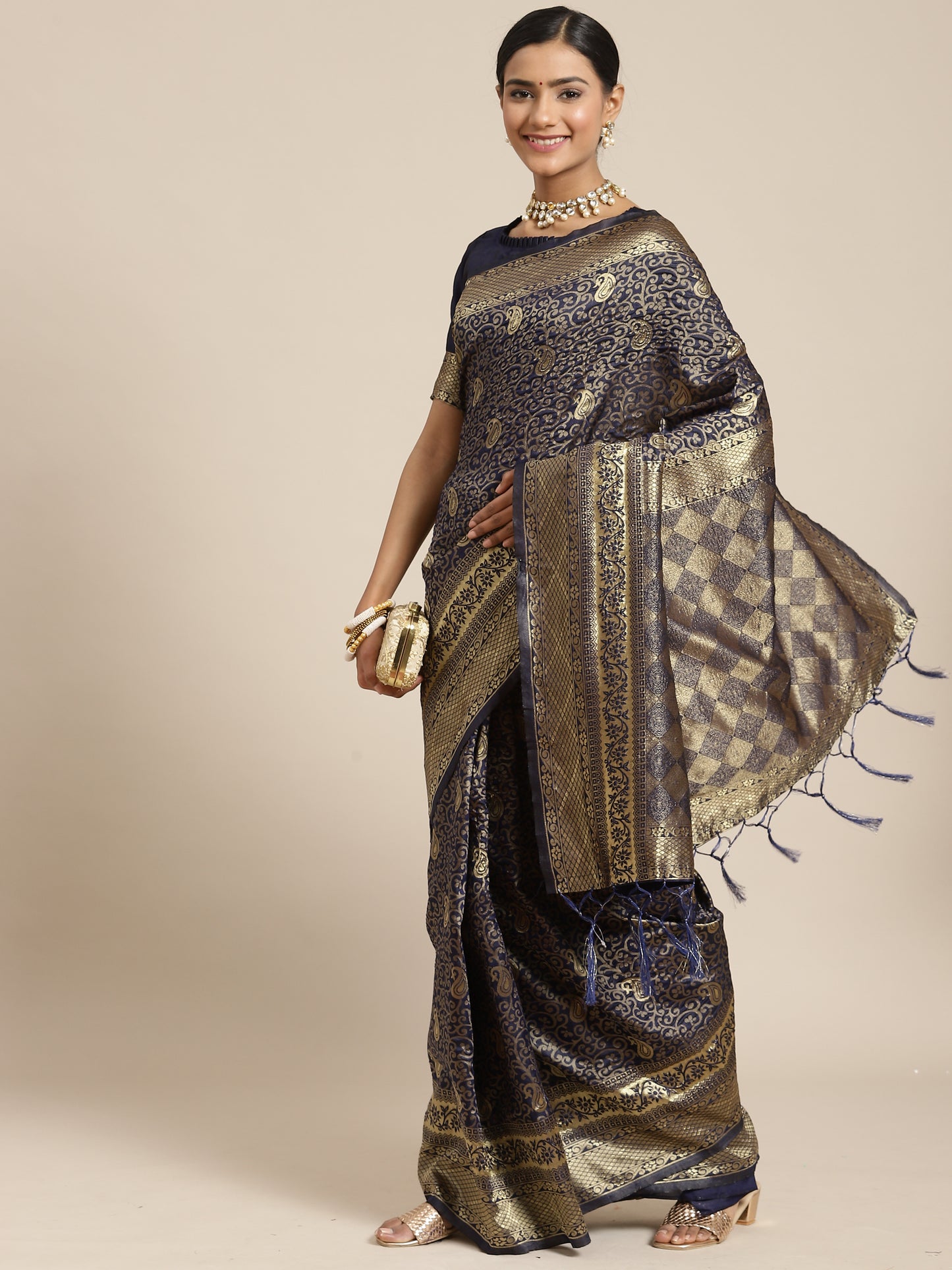 Women's Silk Blend Navy Blue Woven Design Woven saree With Blouse Piece