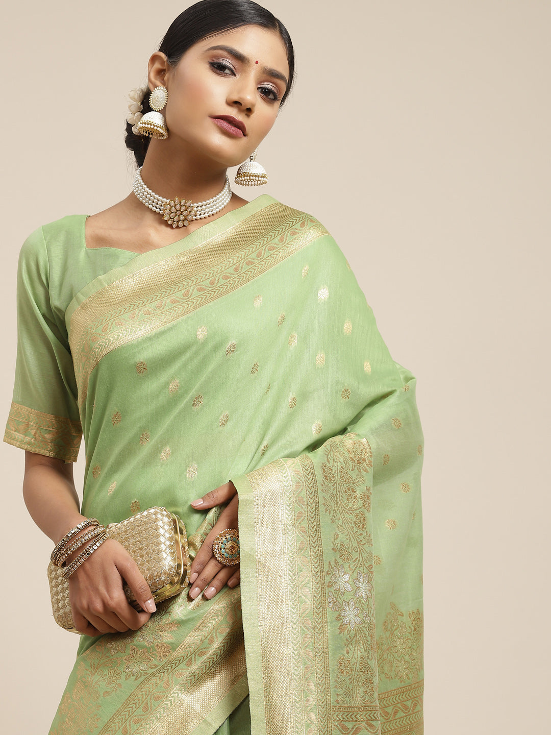 Women's Silk Cotton Green Woven Design Woven saree With Blouse Piece