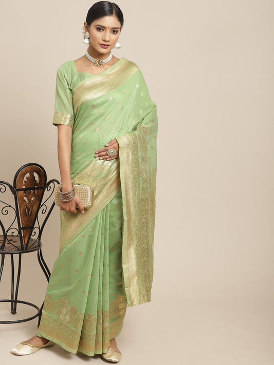 Women's Silk Cotton Green Woven Design Woven saree With Blouse Piece