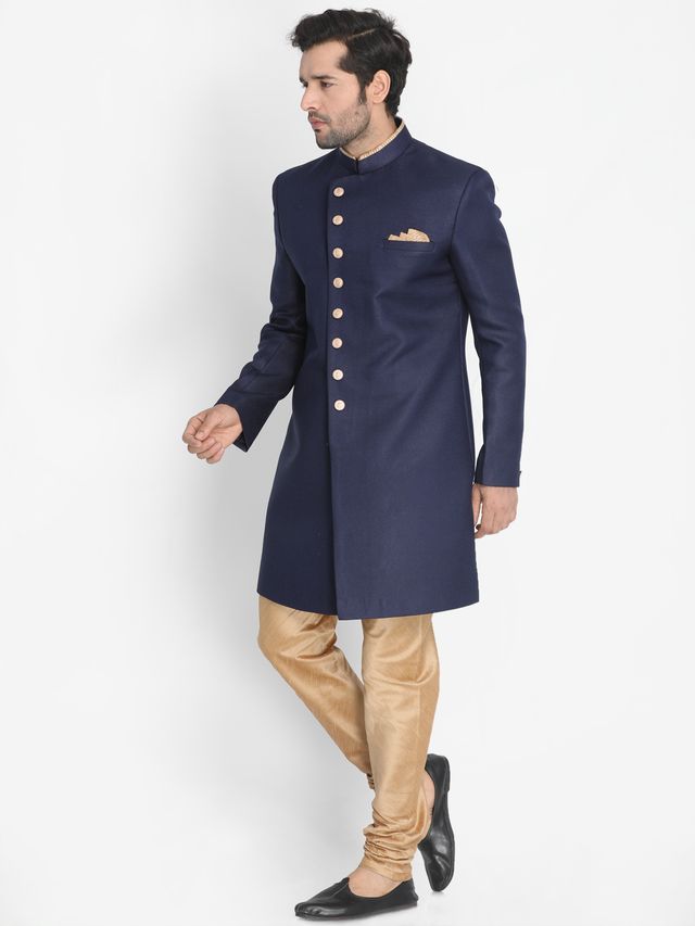 Men's Dark Blue Polyester Lurex Blend Straight Sherwani Set