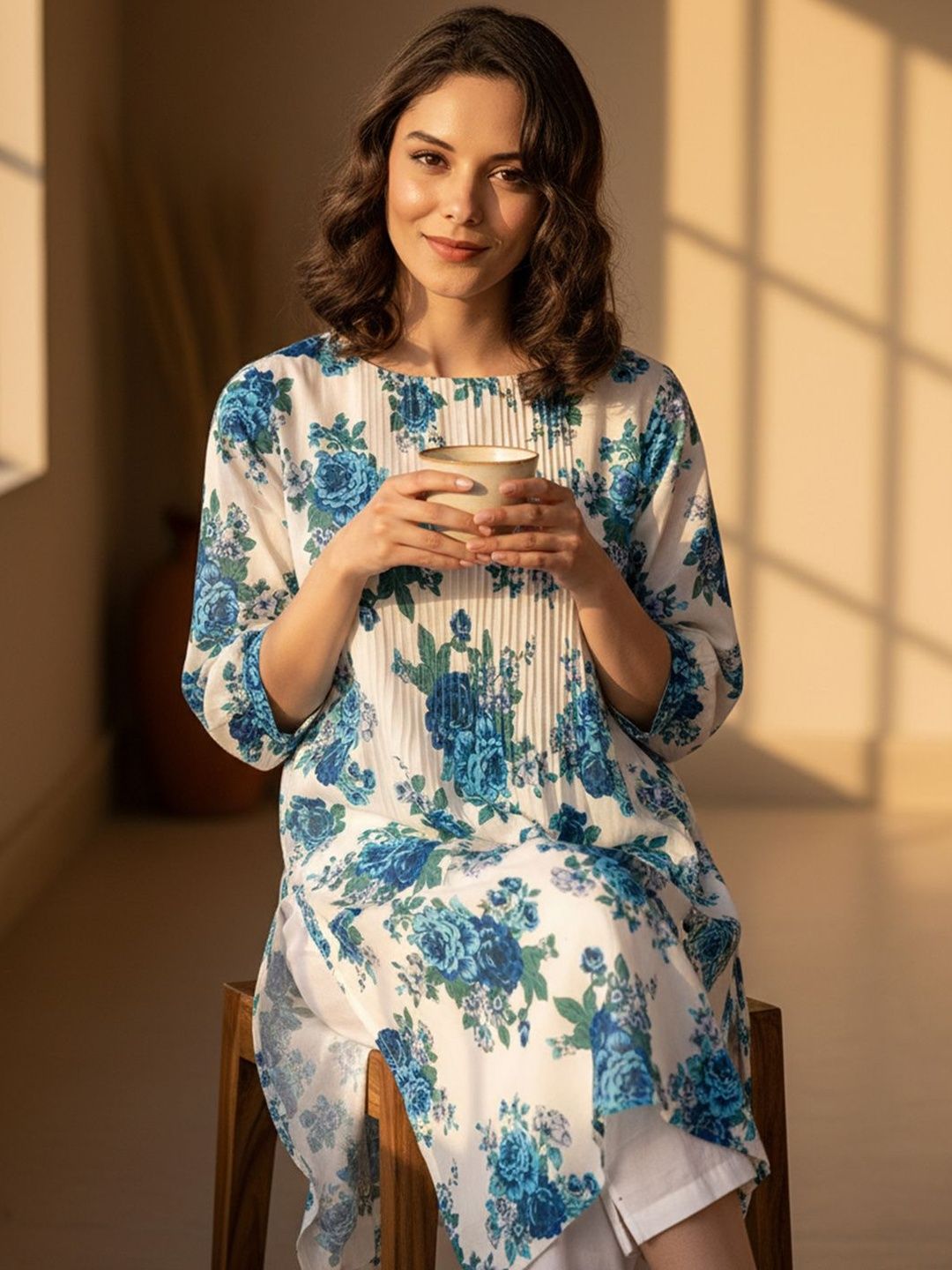 Floral Printed Pleated Round Neck Pure Cotton Straight Kurta With Trouser