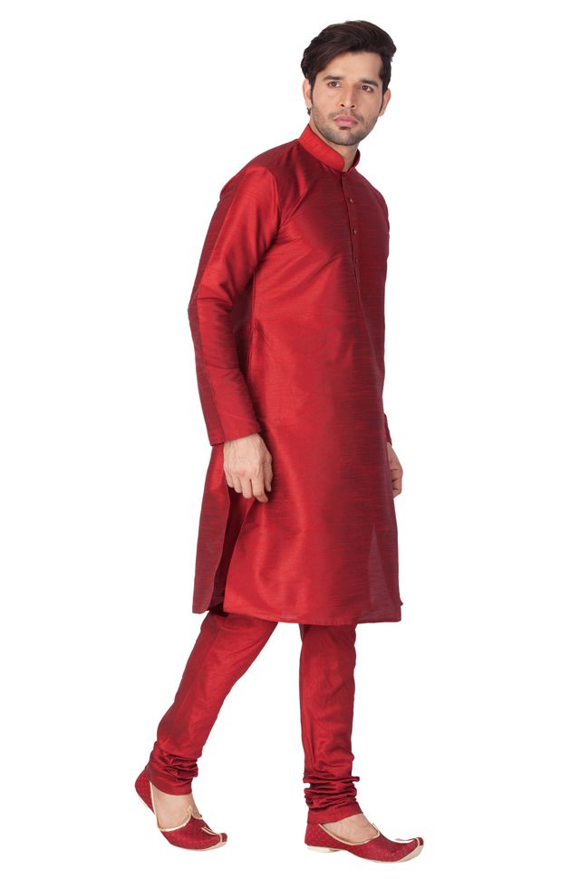 Men's Maroon Silk Blend Straight Kurta Pyjama Set