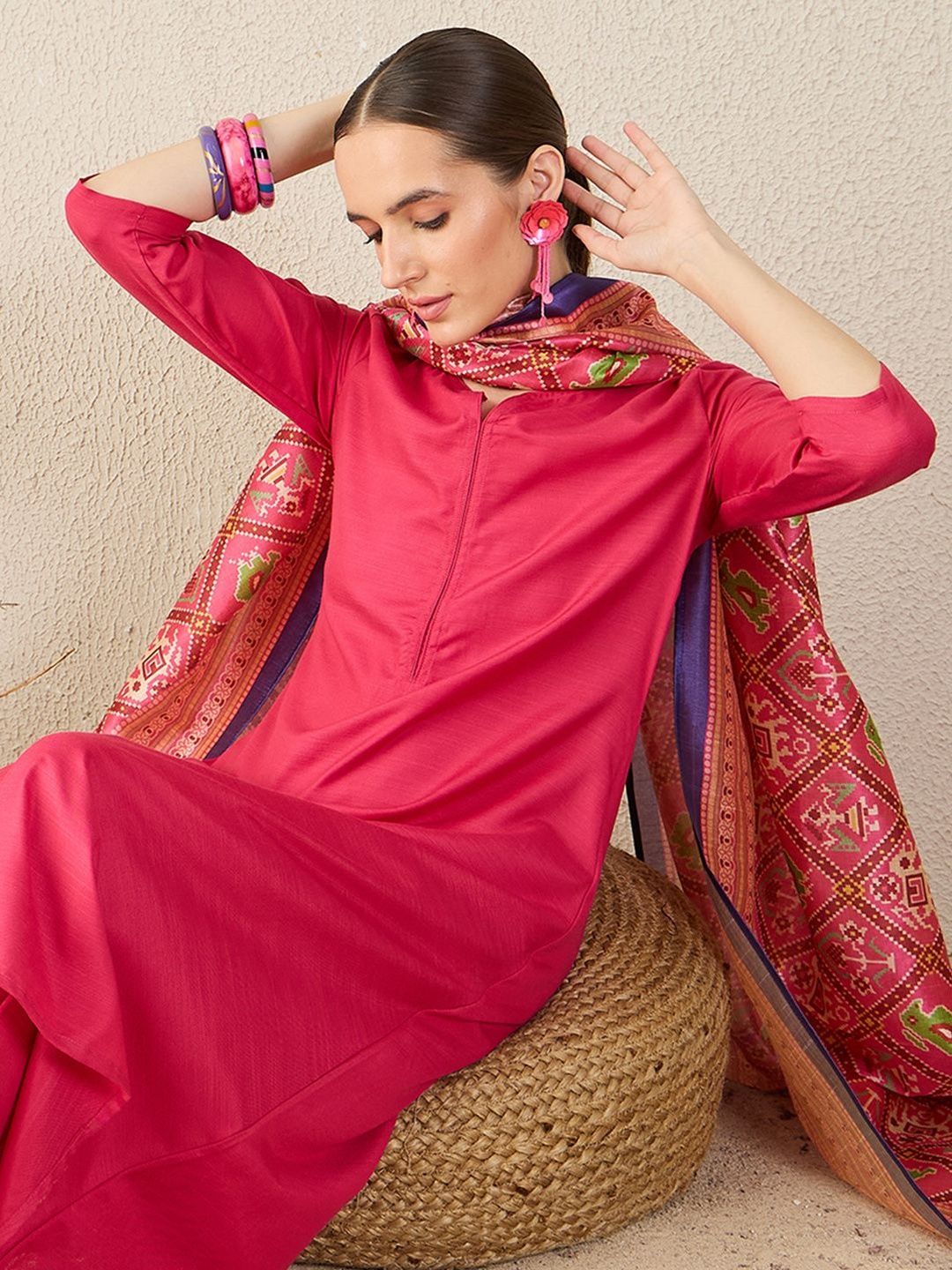 Women Solid A-Line Kurta with Trousers & Dupatta
