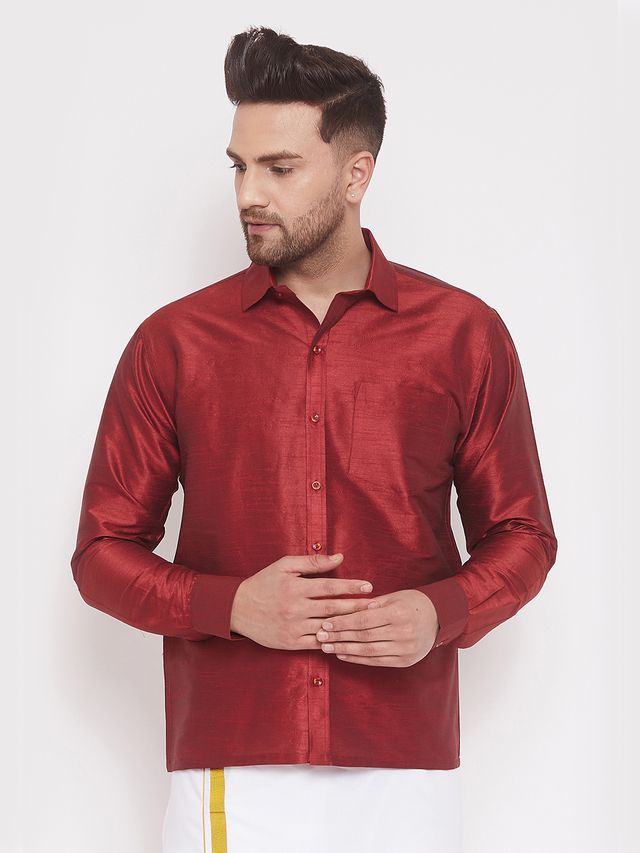 Men's Maroon Silk Blend Straight Ethnic Shirt