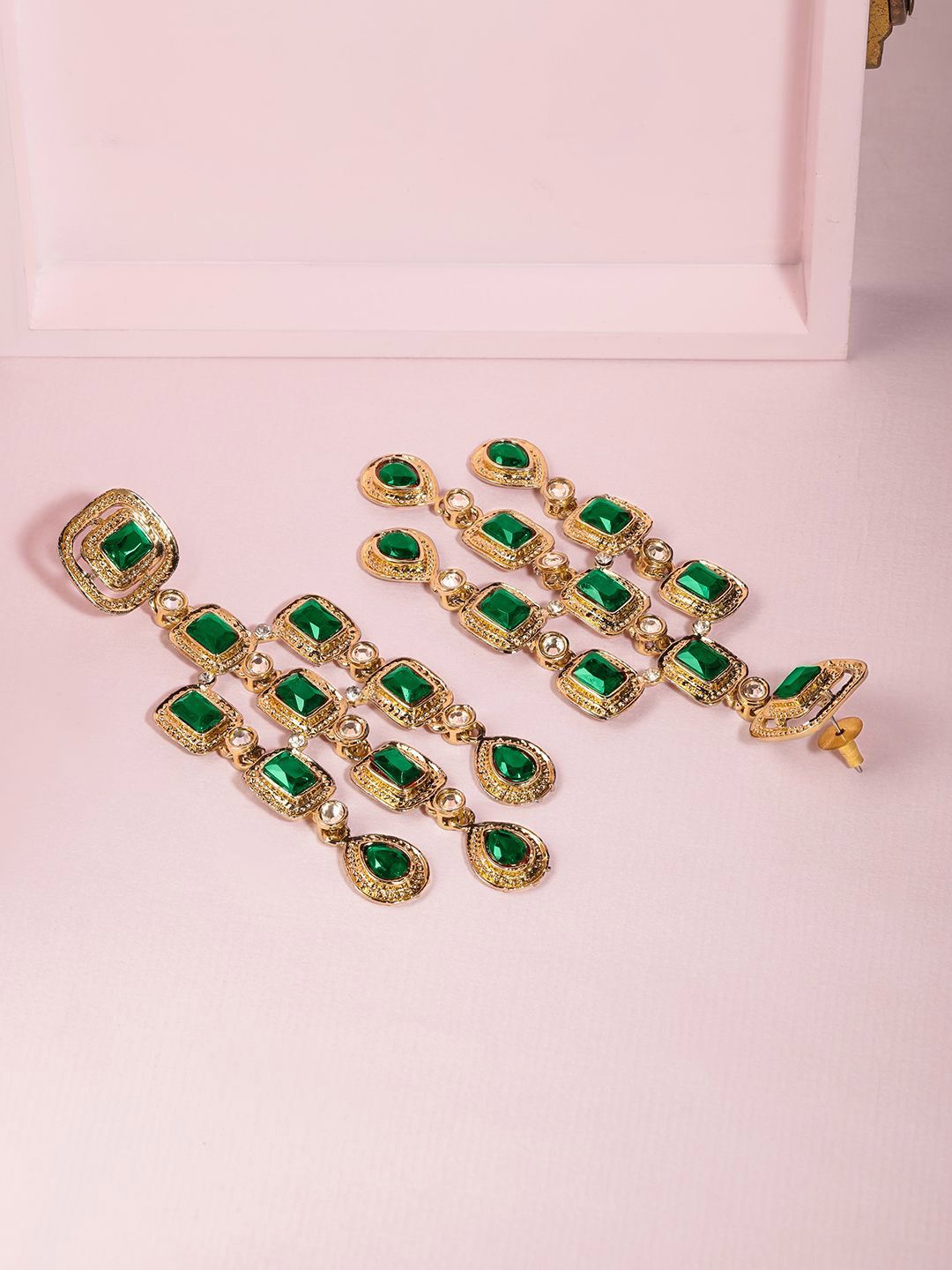 Dhiyona RJ Women's 22K Gold-Plated Emerald Gemstone Studded Chandelier Drop Earrings