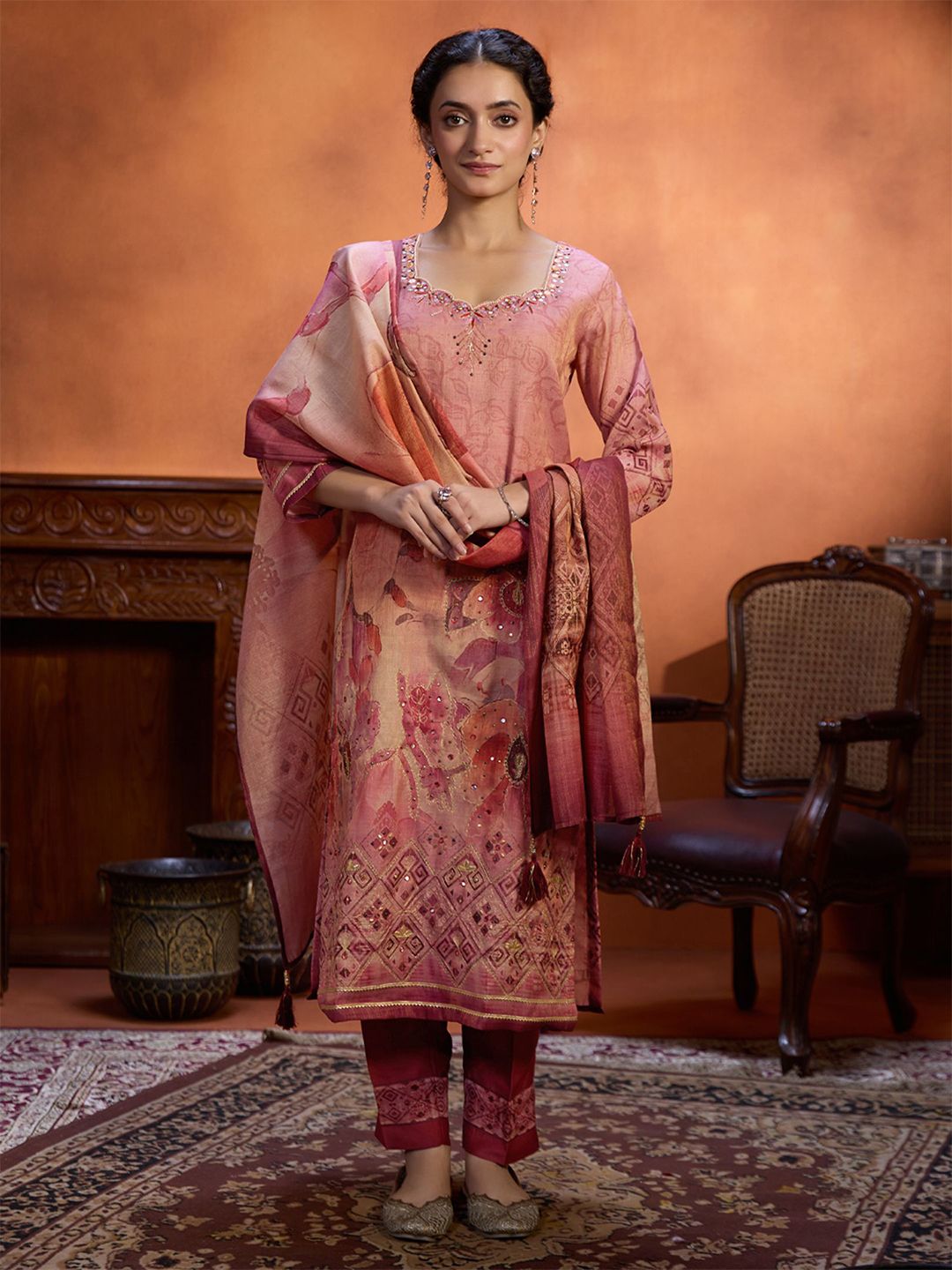 Dhiyona WP Floral Printed Straight Beads & Stones Kurta with Trousers & Dupatta