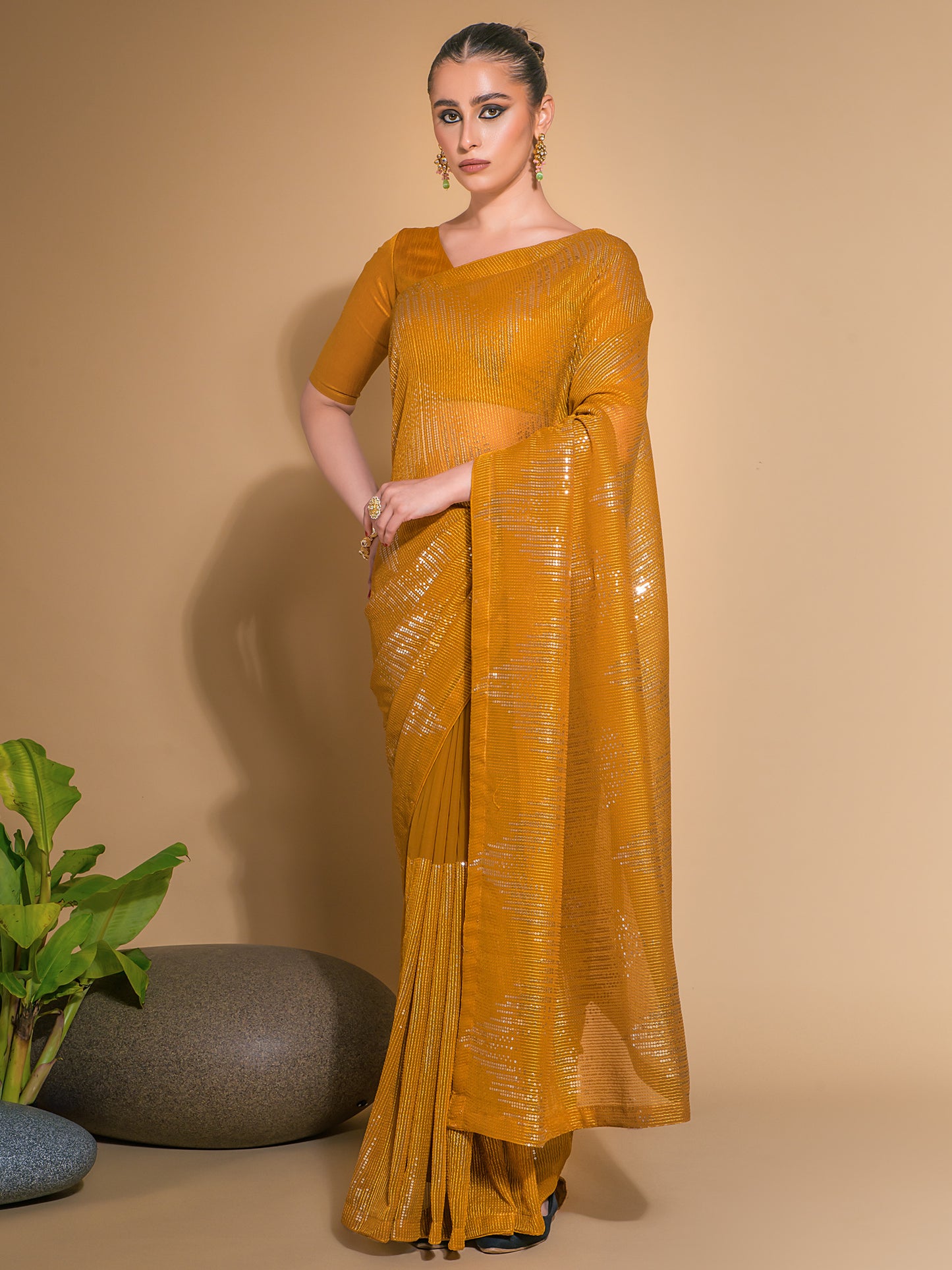 Women's Georgette Mustard Embellished Designer Saree With Blouse Piece