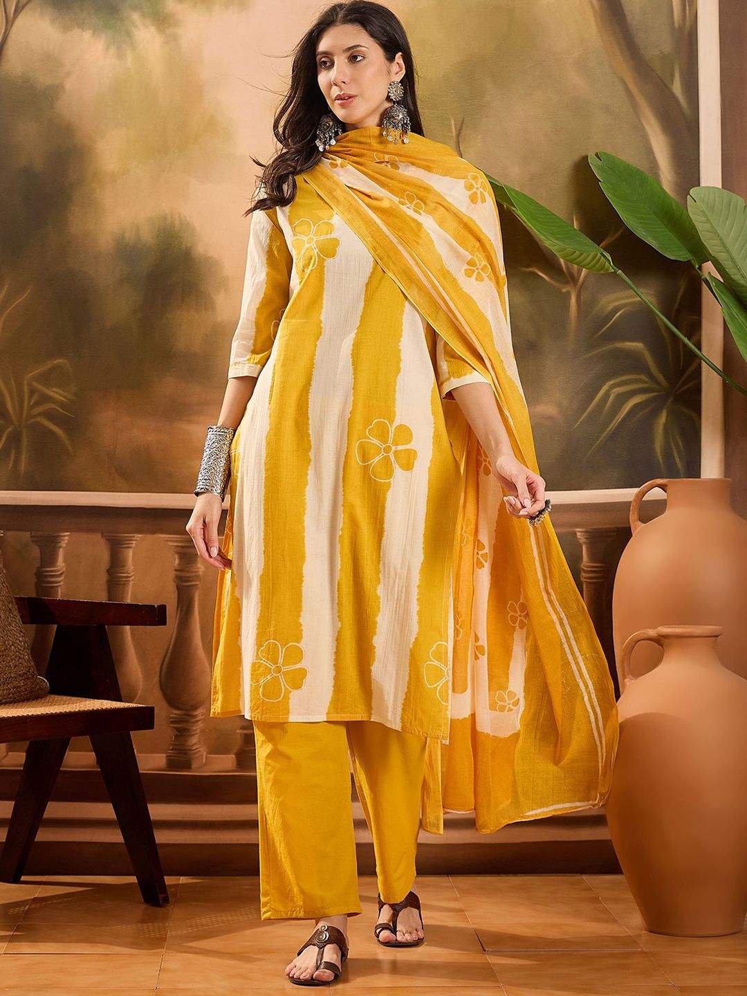 Dhiyona SN Women's Striped Pure Cotton Straight Kurta & Trousers With Printed Dupatta