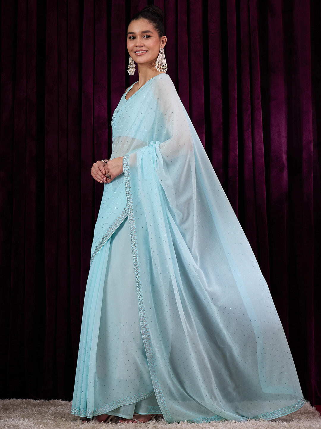 Women's Georgette Light Blue Embellished Designer Saree With Blouse Piece