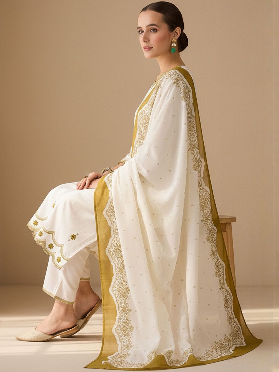 Ethnic Motifs Embroidered Sequinned Pure Cotton Kurta With Trousers & Dupatta