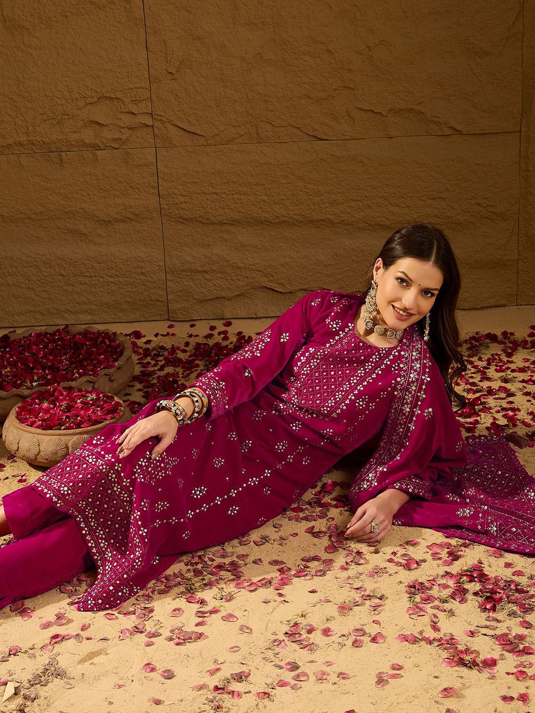 Dhiyona PD Women Floral Embroidered Velvet Straight Kurta With Trousers And Dupatta
