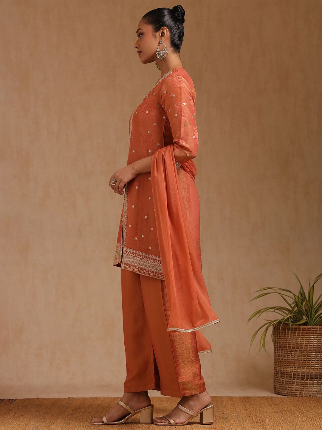 Dhiyona SO Women's Embroidered Woven Design Sequinned A-Line Kurta with Palazzos & Dupatta