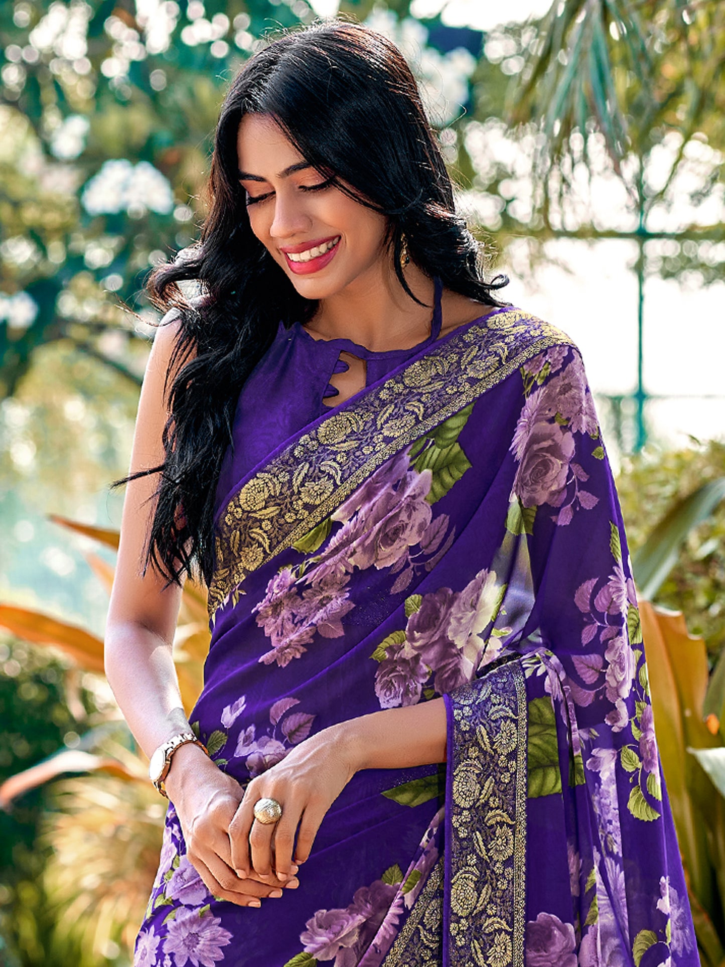 Women's Georgette Violet Embellished Designer Saree With Blouse Piece