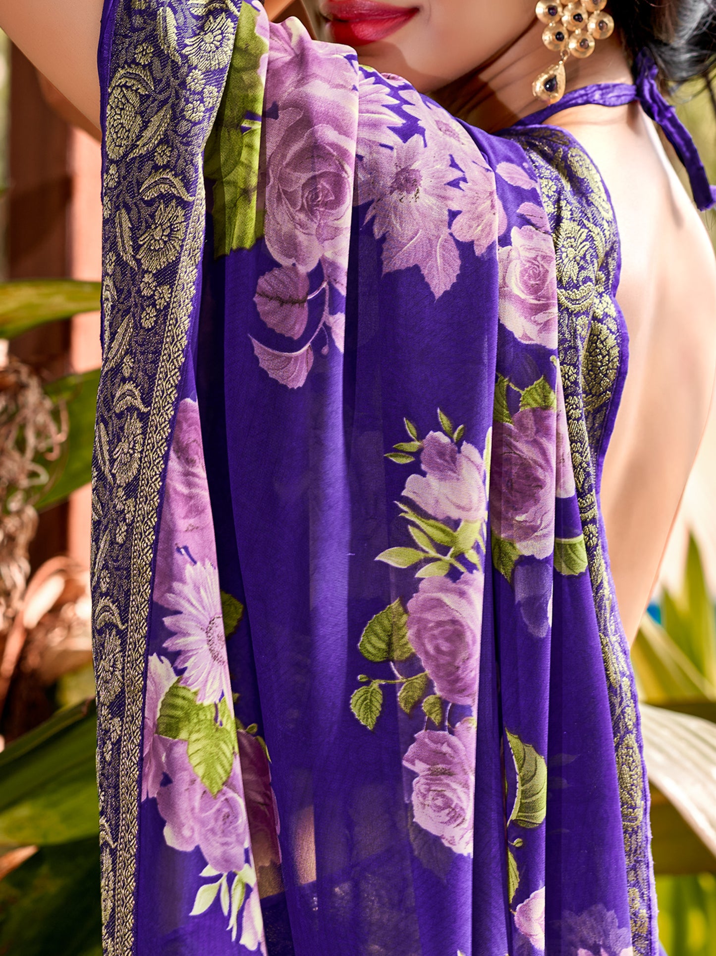 Women's Georgette Violet Embellished Designer Saree With Blouse Piece