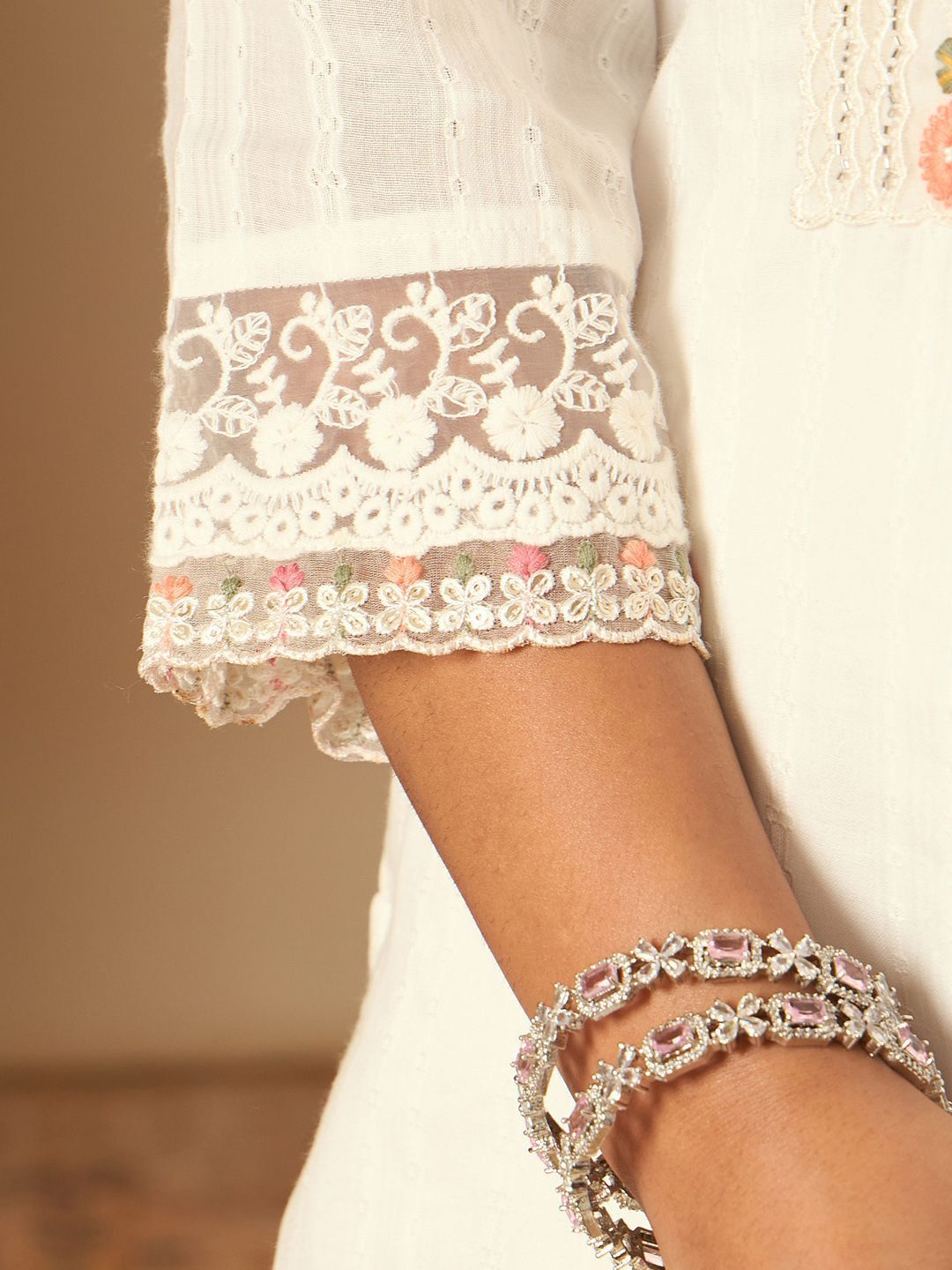 Dhiyona IE Floral Embroidered Pure Cotton Straight Kurta With Trousers & Dupatta