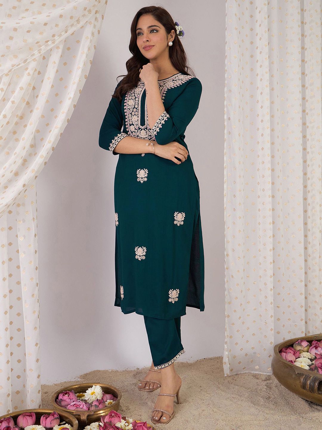 Women Embroidered Regular Kurta with Trousers