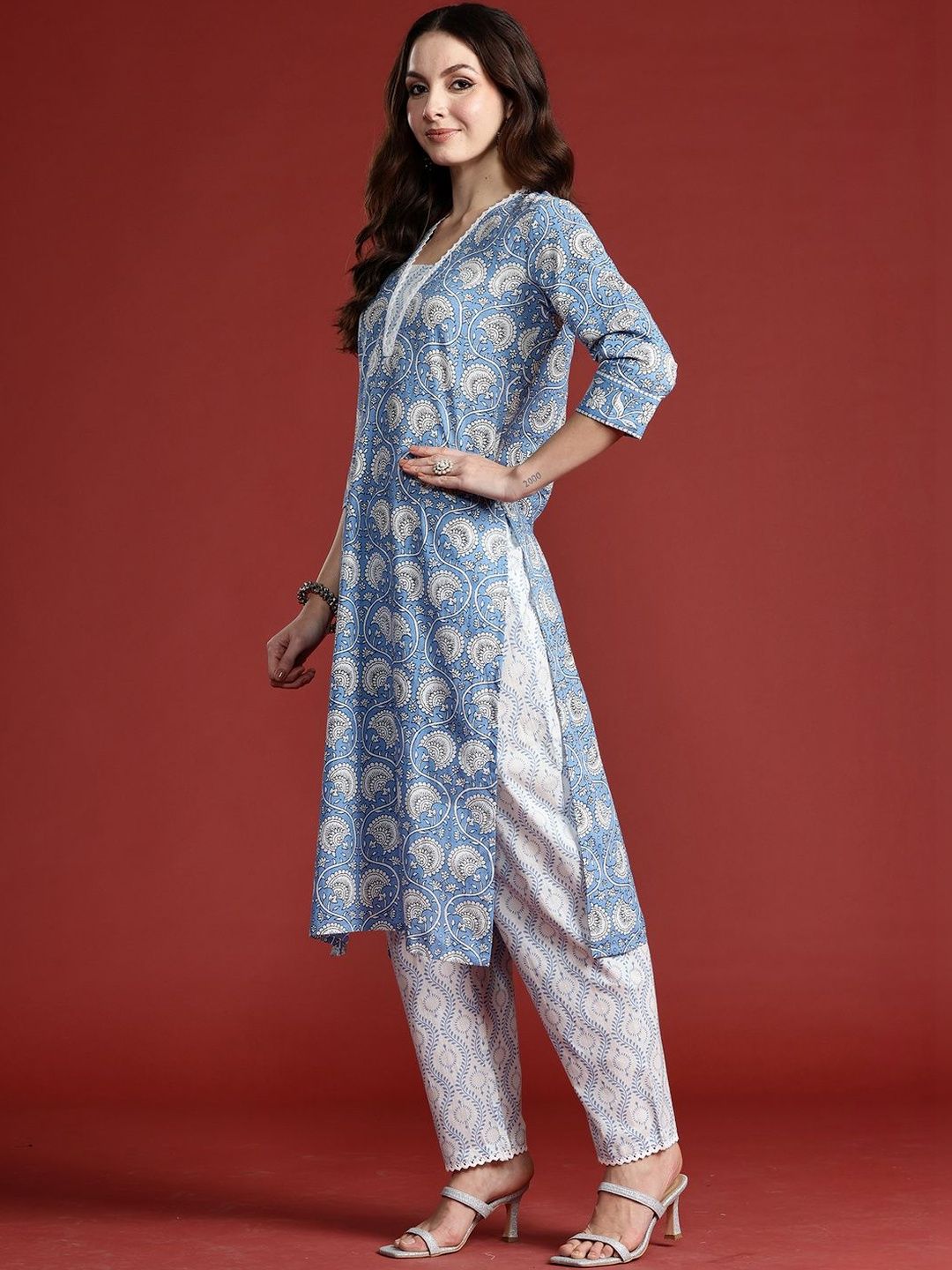 Women Ethnic Motifs Printed Regular Pure Cotton Kurta with Trousers & With Dupatta