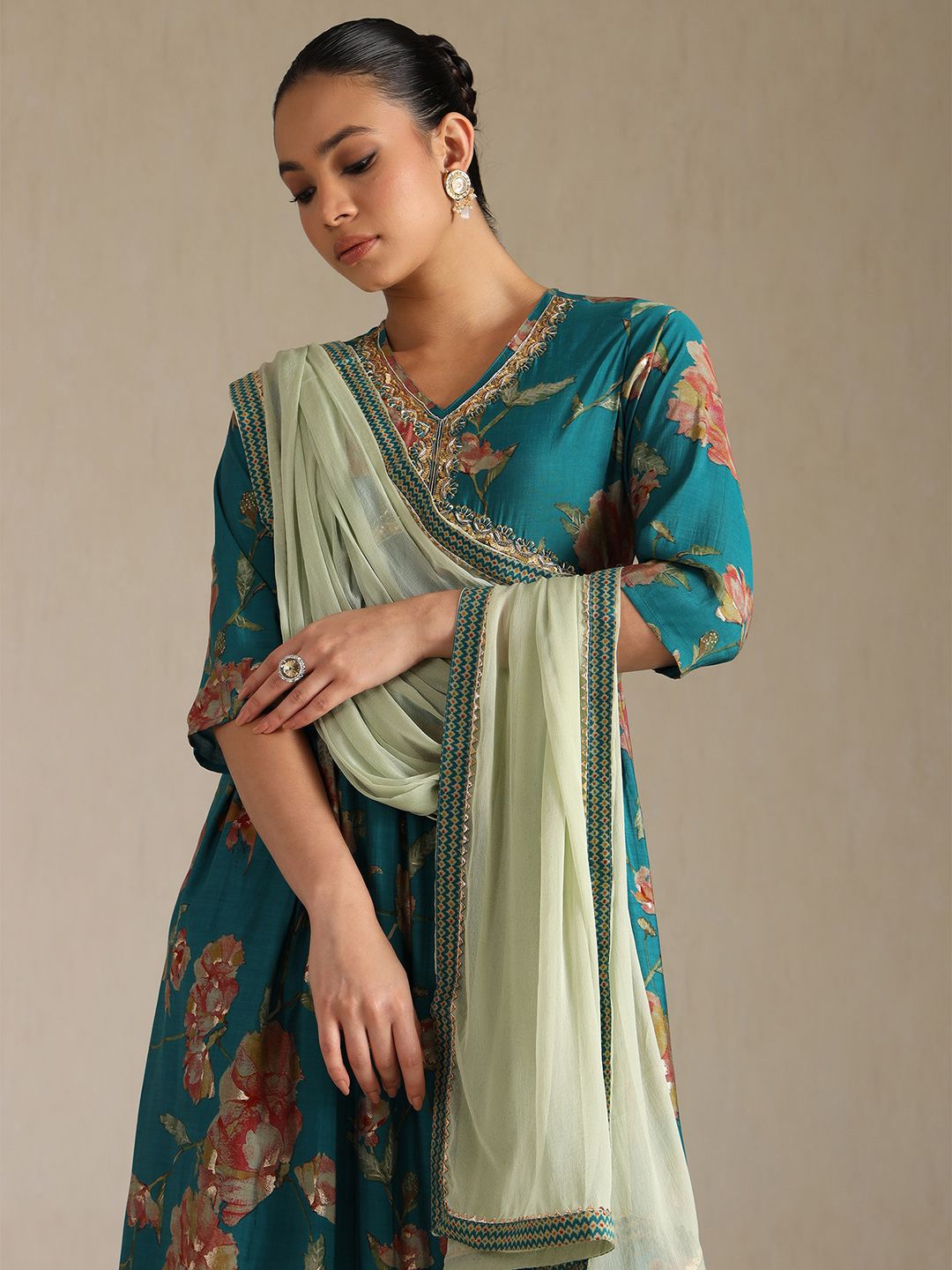 Dhiyona SO Women's Floral Printed V-Neck Sequinned Empire Anarkali Kurta With Trousers & Dupatta