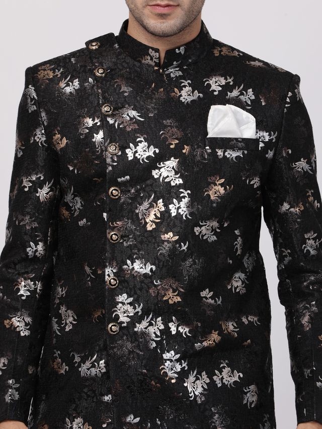 Men's Black Polyester Lurex Blend Asymmetric Sherwani Set