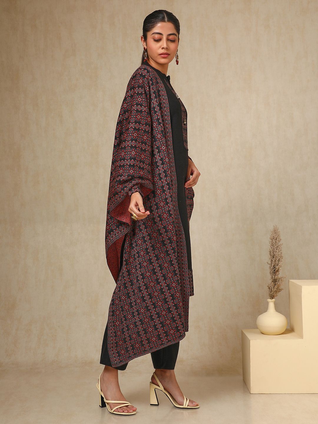 Dhiyona SO Women's Black Geometric Woven Design Acrylic Straight Kurta With Trouser & Dupatta