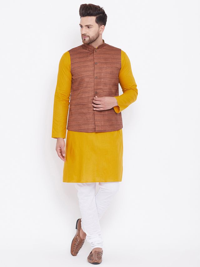 Men's Mustard Cotton Blend Straight Jacket Kurta and Pyjama Set