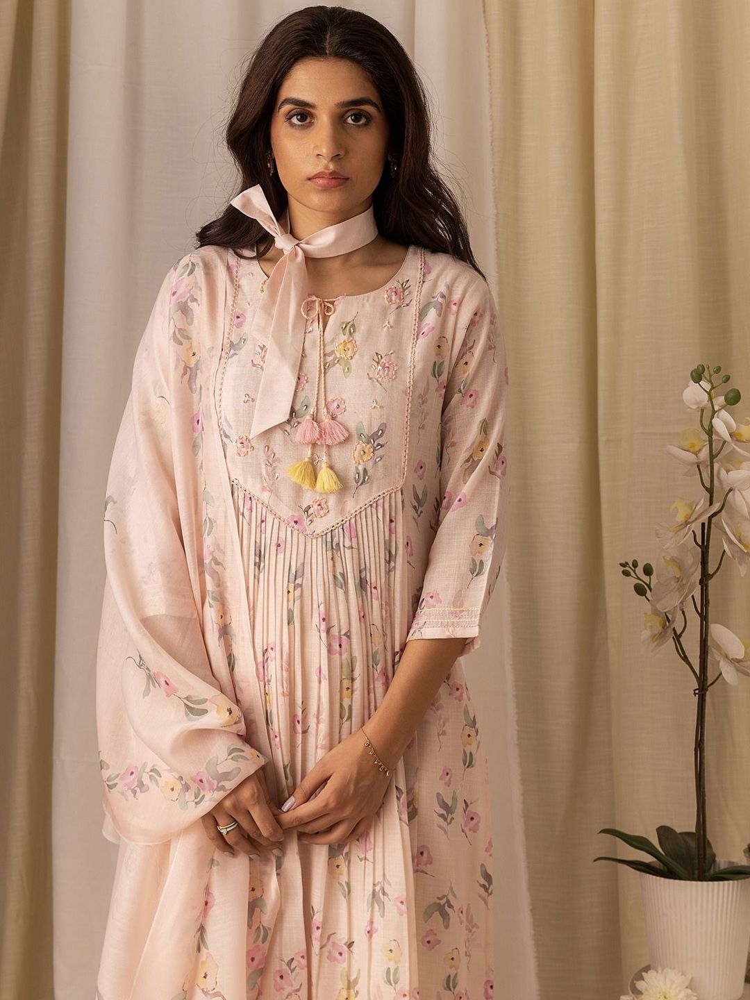 Dhiyona OD Floral Printed Pleated Style A-Line Kurta With Trousers & Dupatta