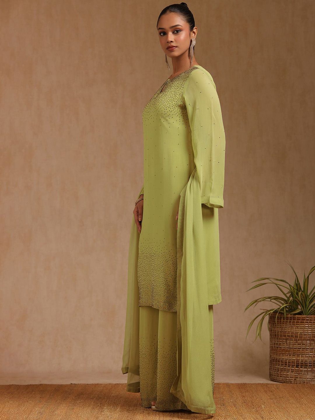 Dhiyona SO Women's Ethnic Motifs Embroidered Beads and Stones Straight Kurta With Palazzos & Dupatta