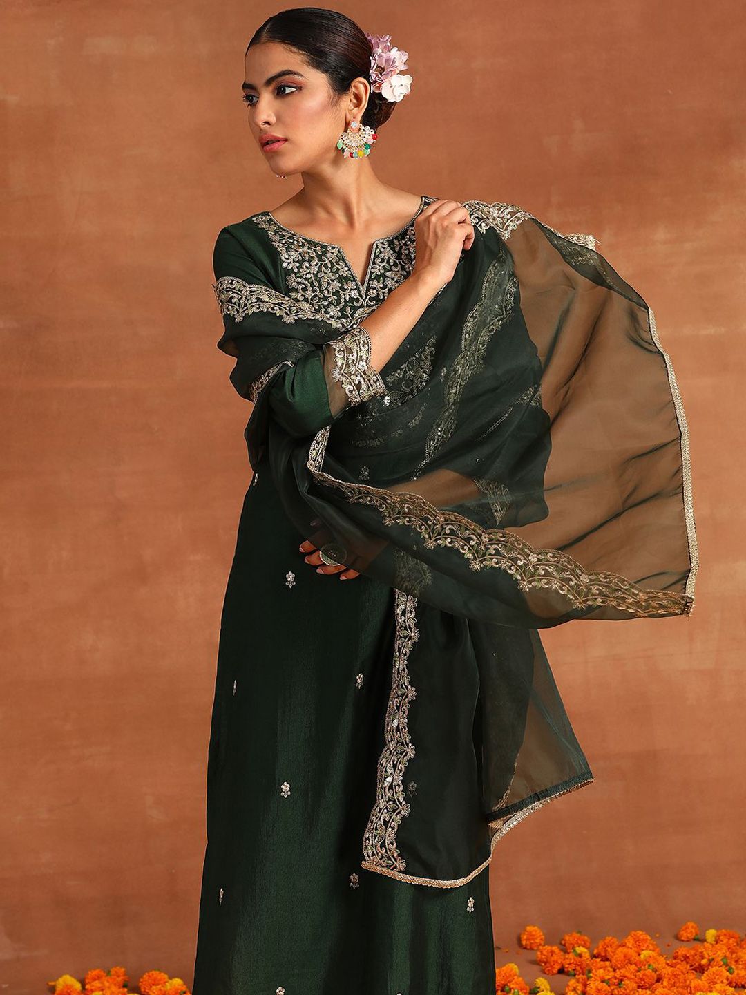 Dhiyona IE Ethnic Motifs Embroidered Straight Zari Liva Kurta with Trousers & Dupatta